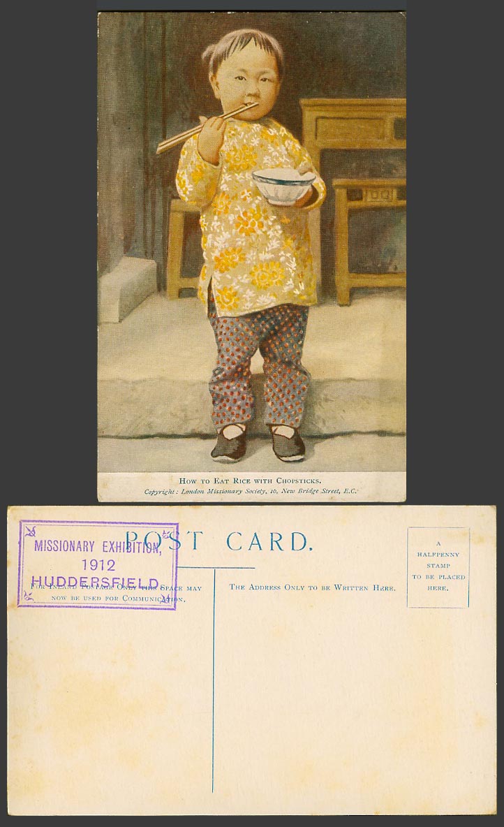 China Old Postcard Girl Bowl Chopsticks, Missionary Exhibition 1912 Huddersfield