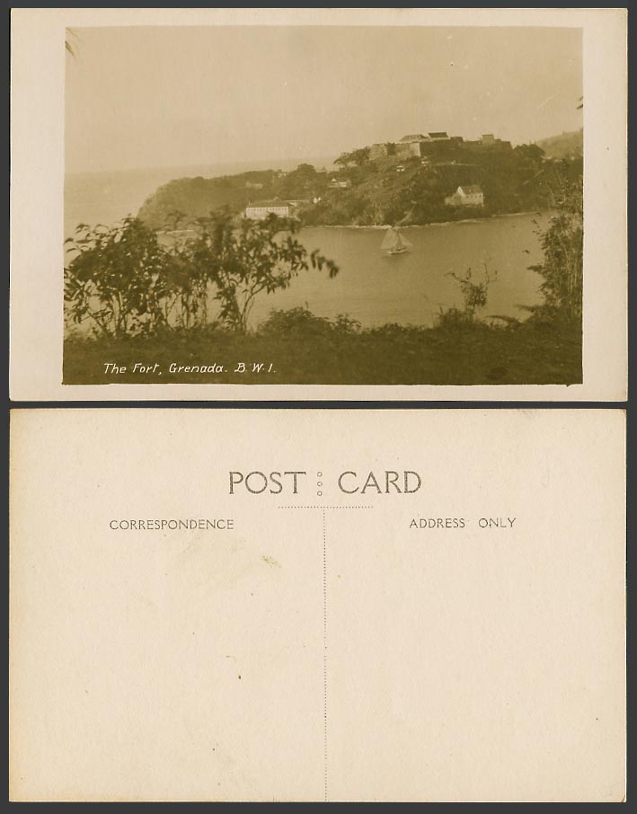 Grenada BWI Old Real Photo Postcard The Fort, St. George's Fortress Sailing Boat