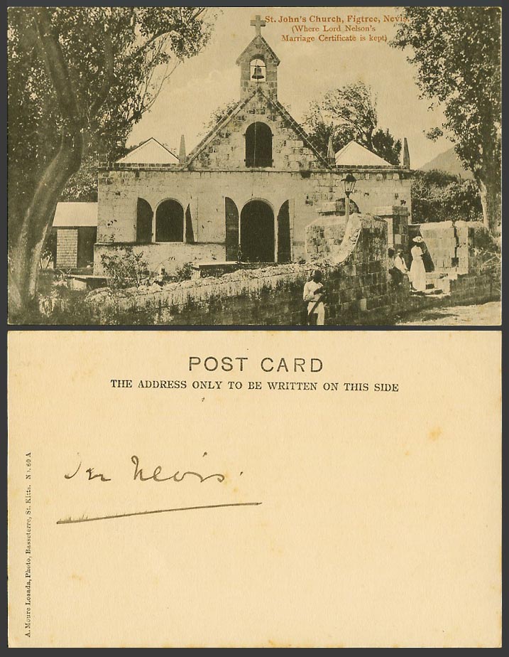 Nevis Island Old Postcard St John's Church Figtree Nelson's Marriage Certificate