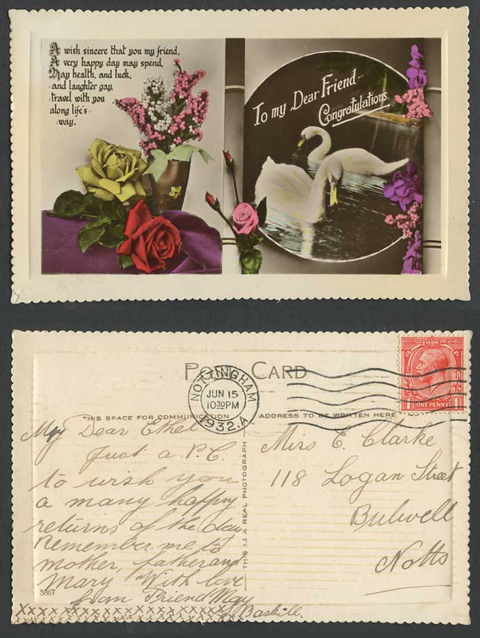 Swans Birds Roses Flowers - To My Dear Friend Congratulations 1934 Old Postcard