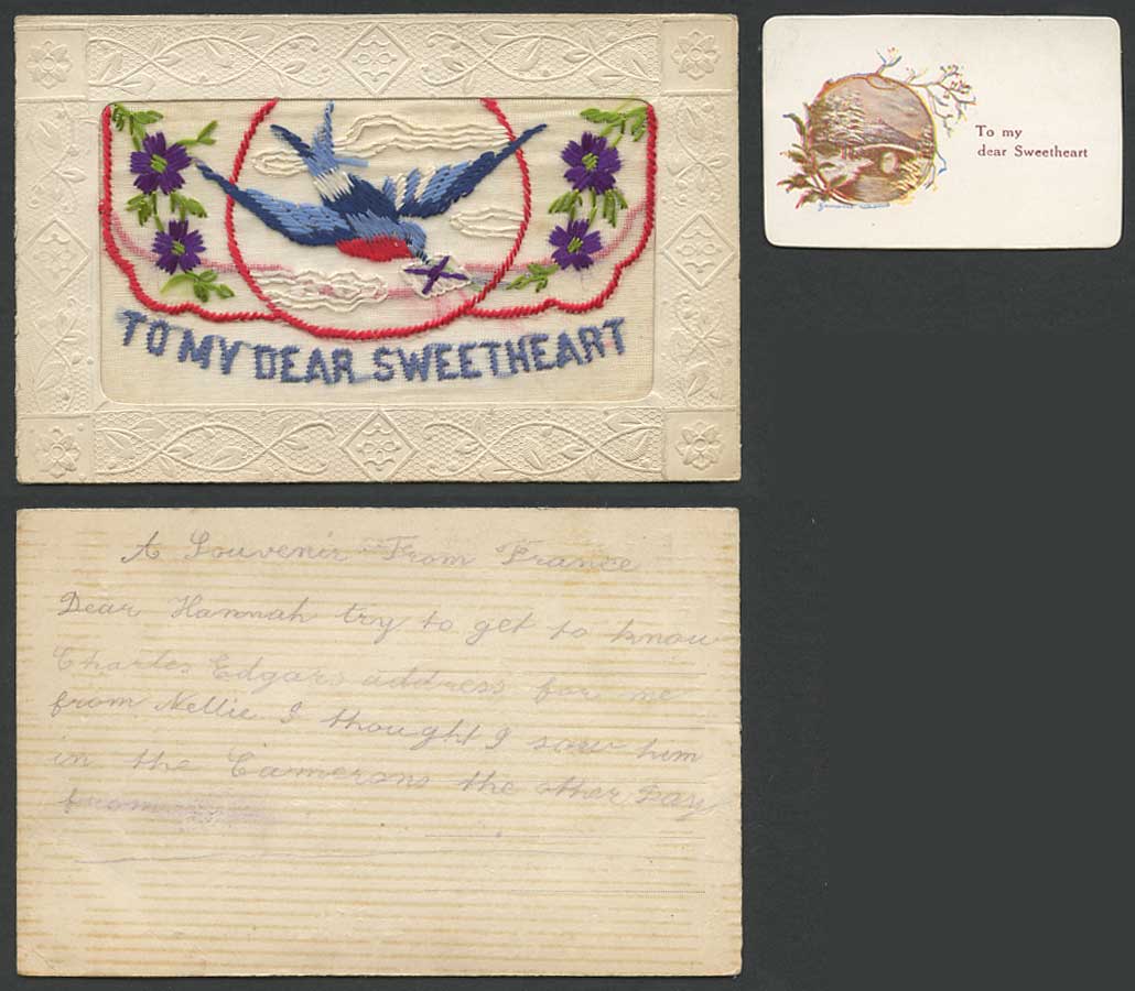 WW1 SILK Embroidered Old Postcard Bird Deliver Letter To My Dear ...