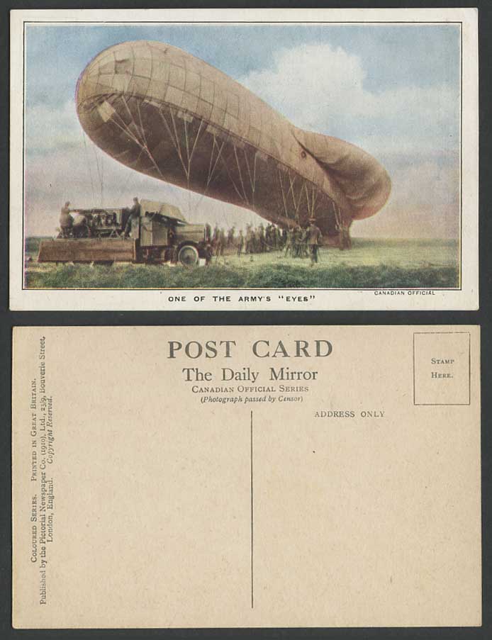 Balloon Daily Mirror The Army's Eyes Soldiers 1910 Old Postcard Airship Zeppelin