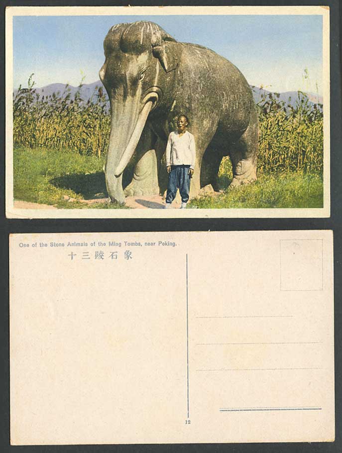 China Old Postcard Stone Animals Elephant Statue Ming Tombs near Peking Chinaman