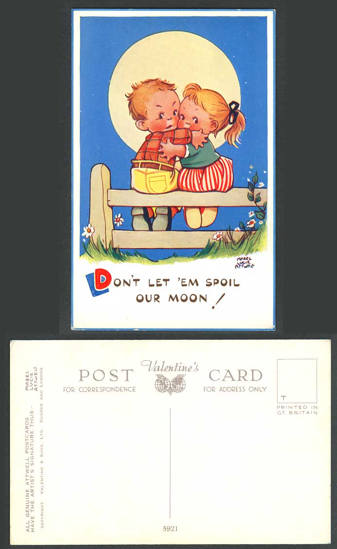 MABEL LUCIE ATTWELL Old Postcard Don't Let Them Spoil Our Moon! Romance Hug 5921
