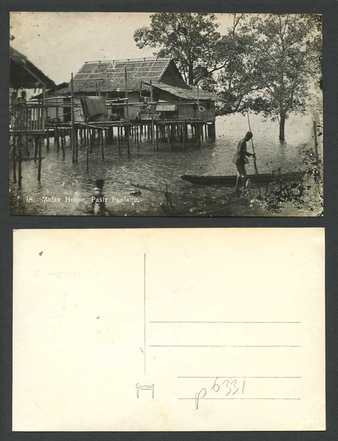 Singapore Pasir Panjang Malay House on Stilts Canoe Boat Old Real Photo Postcard