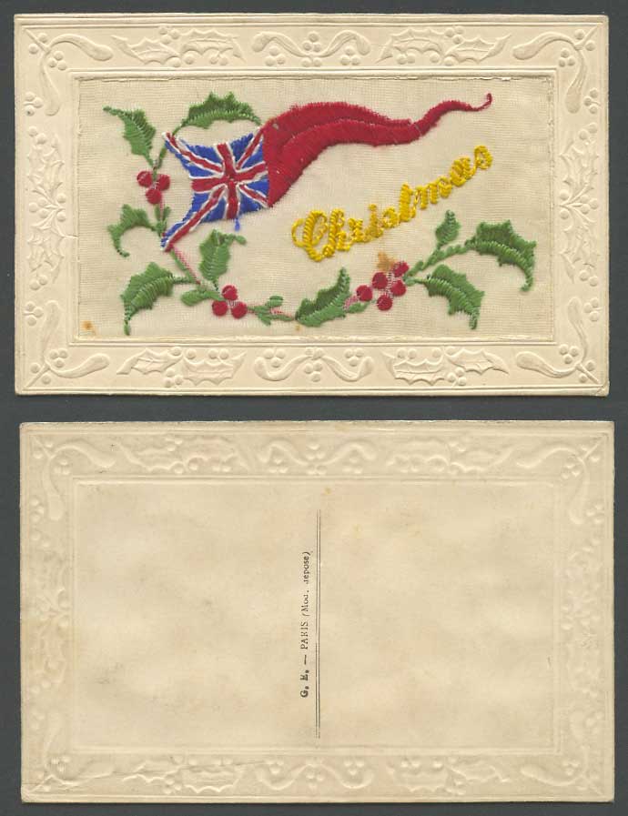 WW1 SILK Embroidered Old Postcard Christmas Holly Hollies Flag Novelty Greetings