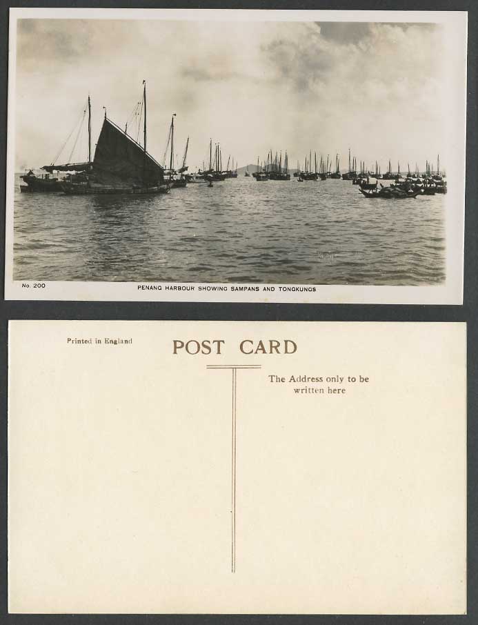 Penang Harbour showing Sampans Tongkungs Sailing Vessels Old Real Photo Postcard