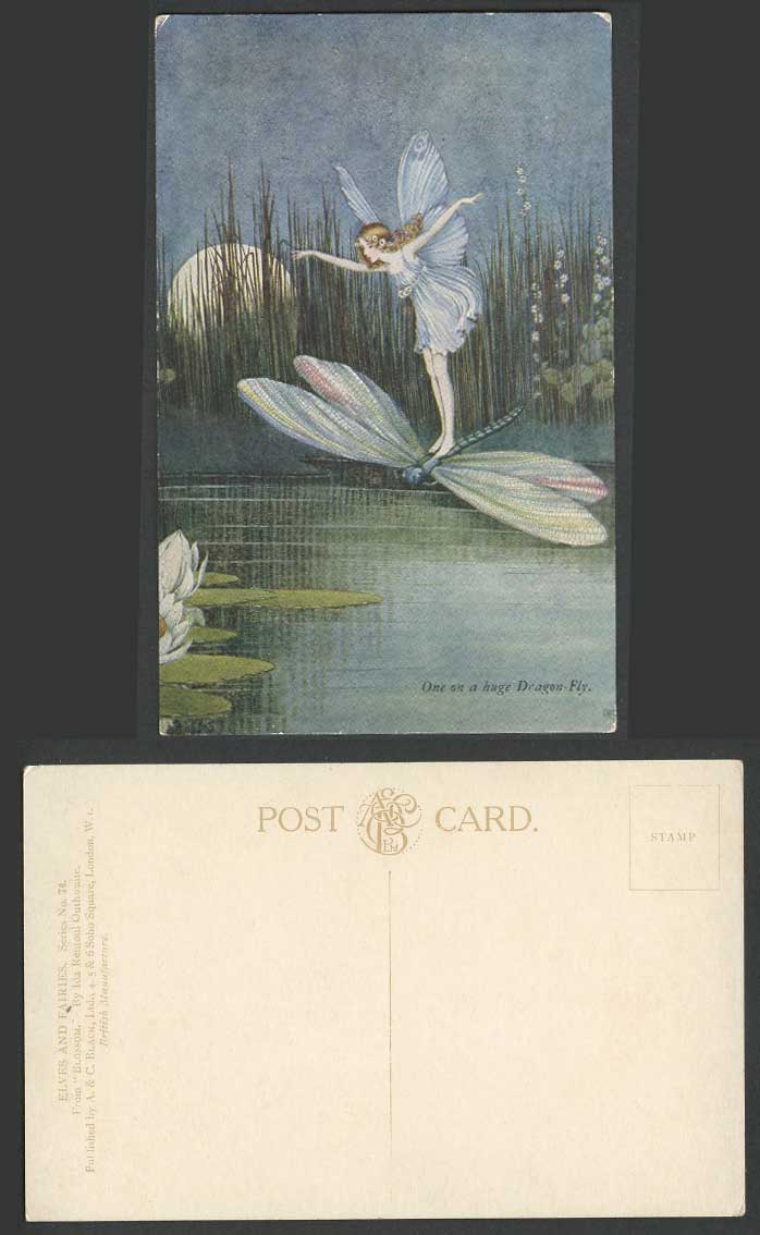 I.R. OUTHWAITE Old Postcard Fairy Girl One On Huge Dragon-Fly Dragonfly Moon 74.