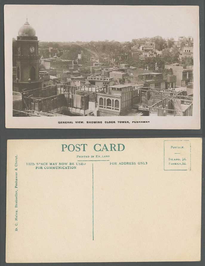 Pakistan Old Real Photo Postcard General View Clock Tower Peshawah Peshawar City