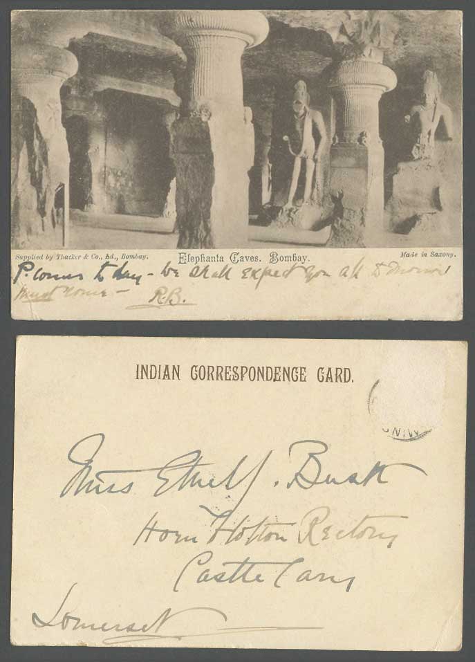 India Old UB Postcard Bombay Elephanta Caves Temple Buddha Statues Thacker & Co.