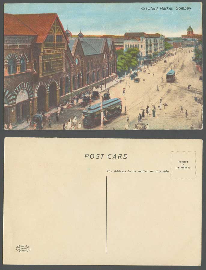 India Old Colour Postcard Crawford Market Bombay Street Scene TRAM Tramway Trams