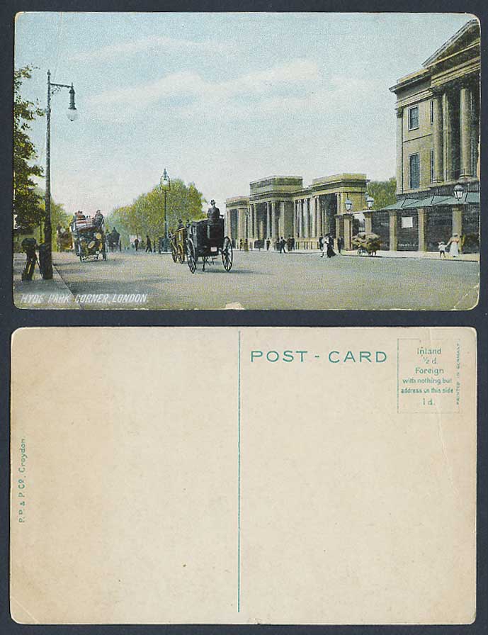 London Old Color Postcard HYDE PARK CORNER Gate Street Scene Horse Cart Carriage