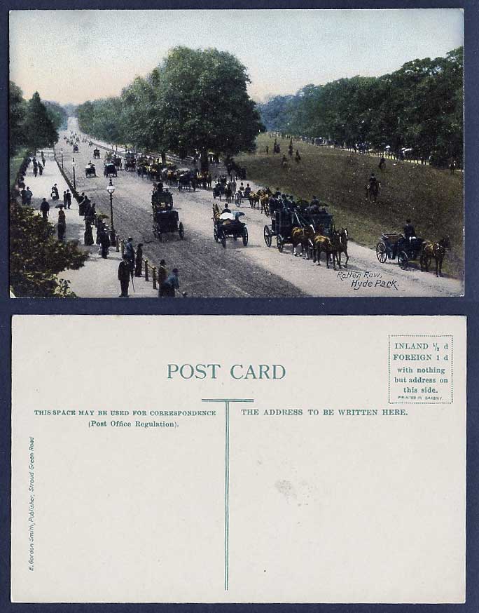 London Old Colour Postcard Hyde Park Rotten Row Horses Horse Carts Street Scene