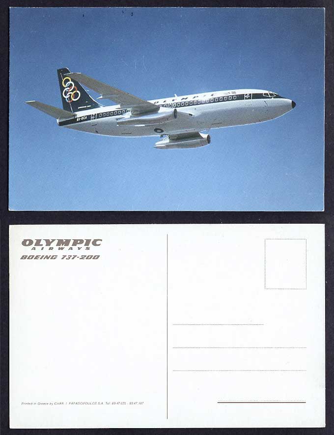 OLYMPIC AIRWAYS, Boeing 737-200 Airplane SX-8CA, Aircraft, Early Colour Postcard