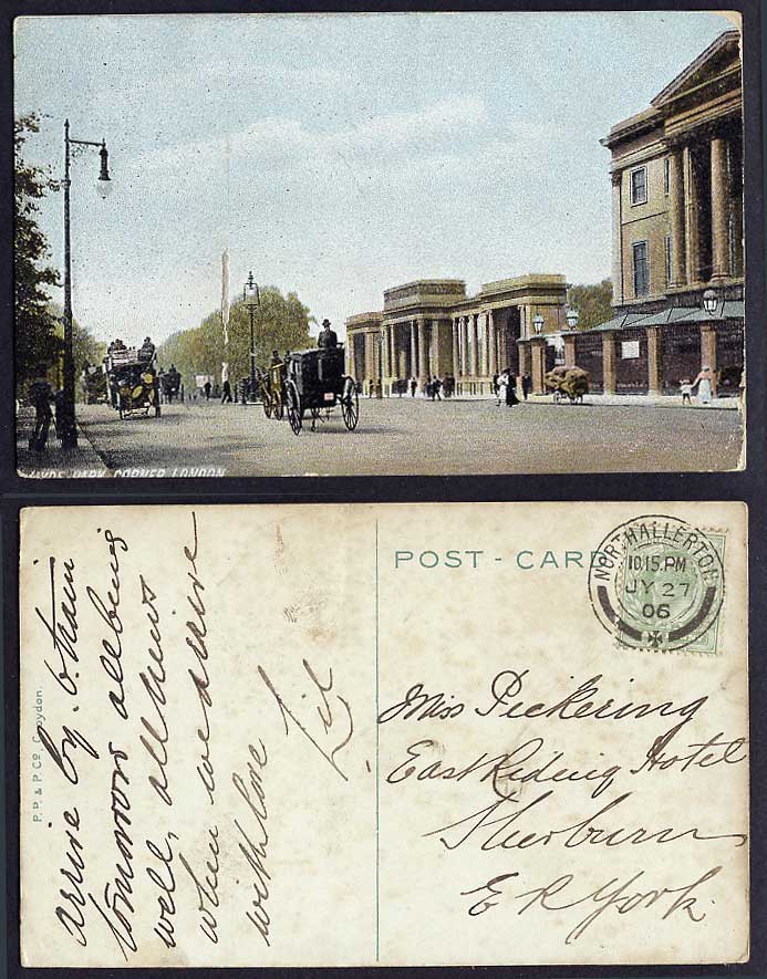 London 1906 Old Postcard HYDE PARK CORNER, Gate Street Scene Horse Cart Carriage