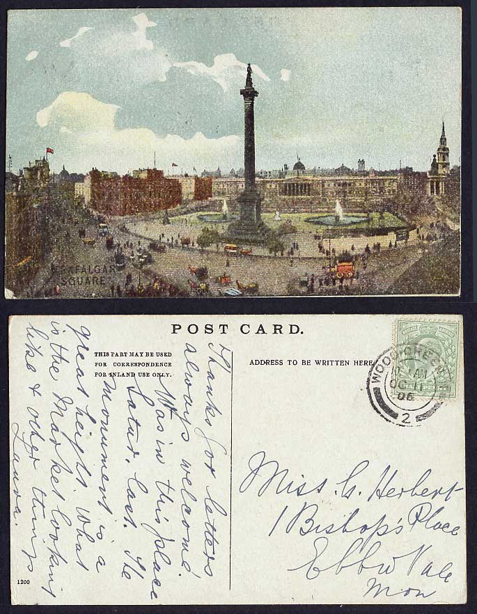 London 1906 Old Colour Postcard TRAFALGAR SQUARE & NATIONAL GALLERY Street Scene
