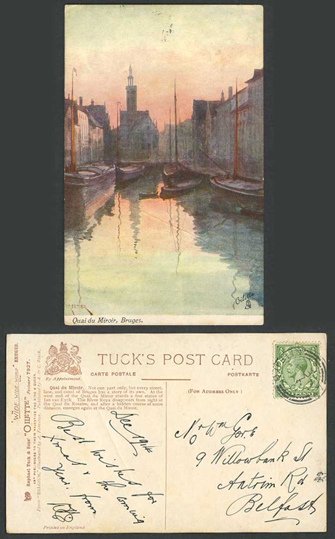 Belgium 1914 Old Tuck's Oilette Postcard Bruges Quai du Miroir, HR Artist Signed