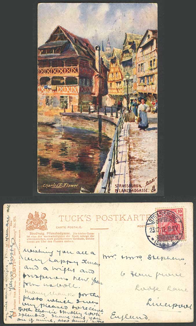 German Old Tuck's Oilette Postcard 1912 Strassburg Pflanzbadgasse Charles Flower