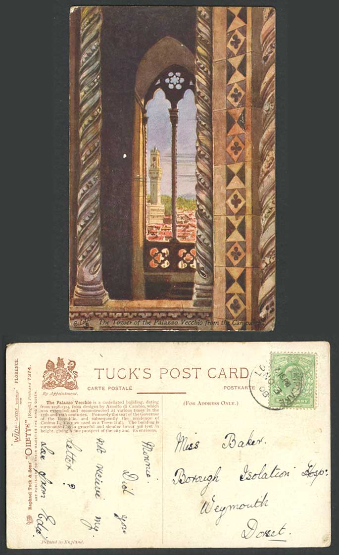 Italy 1908 Old Tuck's Postcard Florence, Tower of Palazzo Vecchio from Campanile