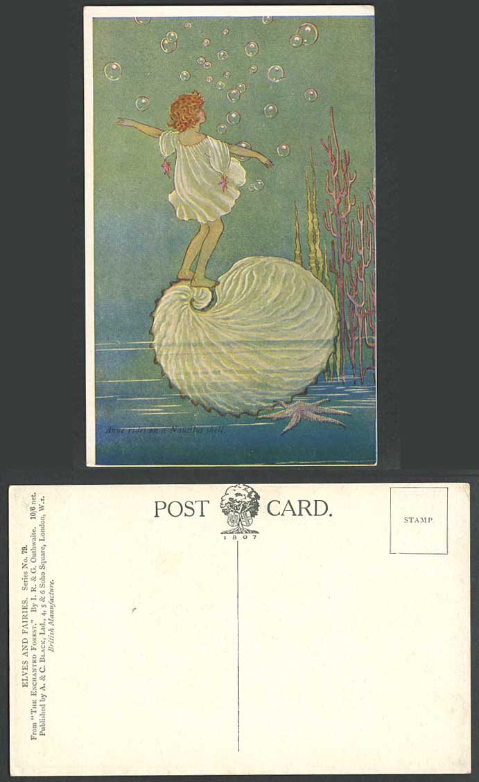 IR & G OUTHWAITE Old Postcard Anne Rides on a Nautilus Shell Enchanted Forest 79