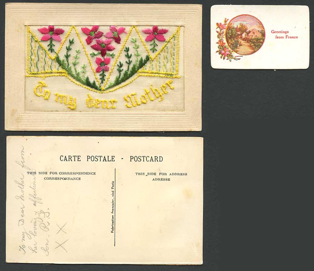 WW1 SILK Embroidered Old Postcard To My Dear Mother Wallet Greetings from France