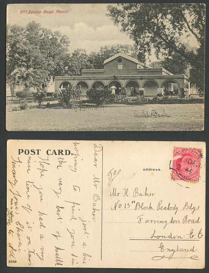 India 1a 1910 Old Postcard No.1 Section Hospital Meerutt Meerut No.9 on Building