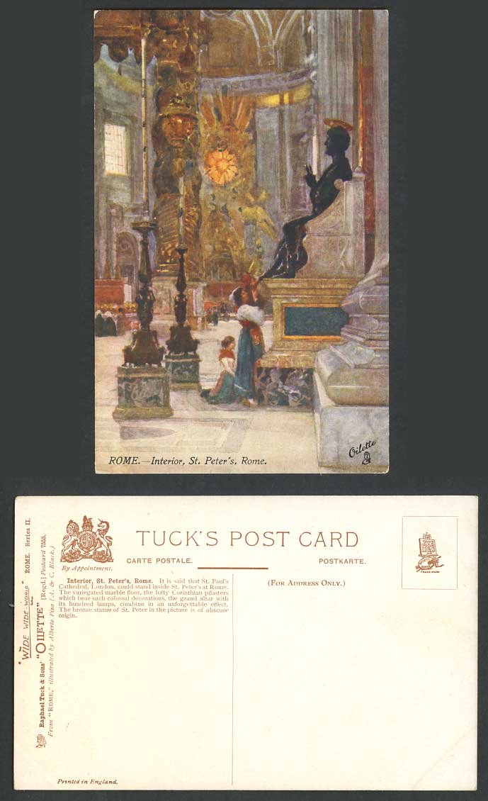 Italy Old Tuck's Oilette Postcard Rome Interior St Peters Basilica Bronze Statue