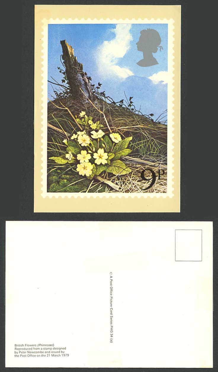 PHQ Card 9p British Flowers Primroses, stamp designed by Peter Newcombe Postcard