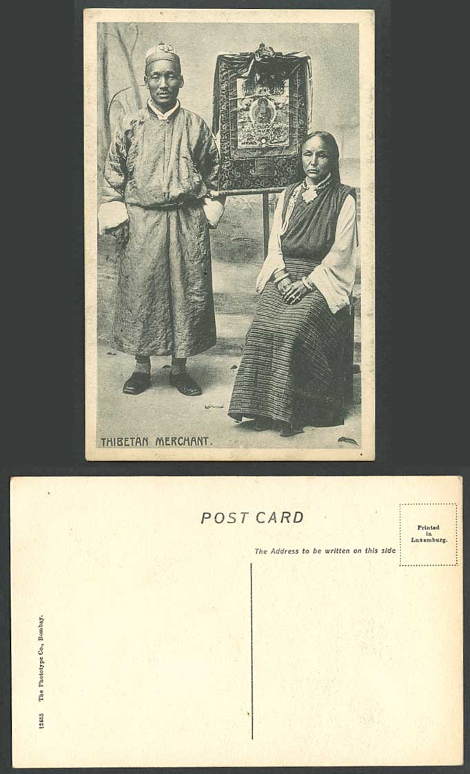 TIBET China India Old Postcard Tibetan Merchant with Wife, Thangka Tangka Thanka