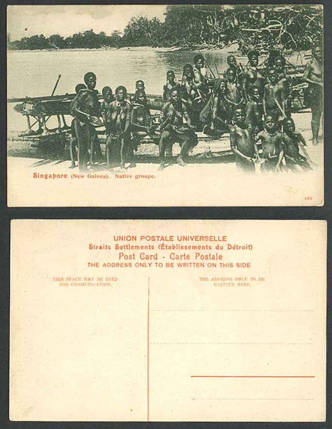 Singapore Old Postcard New Guinea Native Group, Men Women Children, Canoes Beach