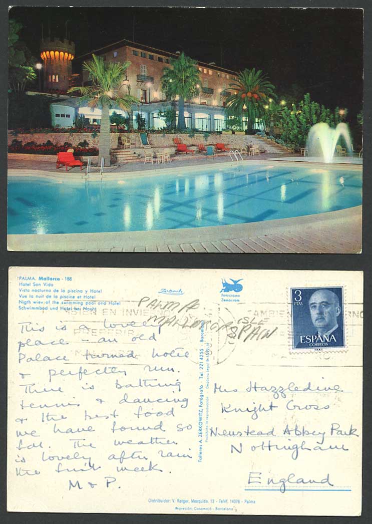 Spain 3p. Early Postcard Palma Mallorca Hotel San Vida, Night View Swimming Pool