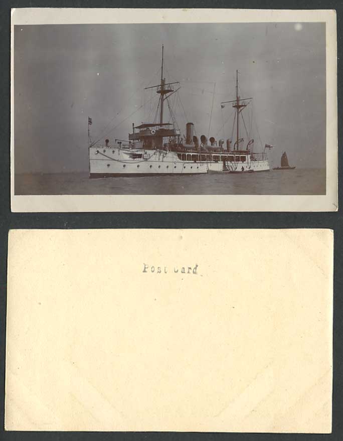 China Old Real Photo Postcard British Flags Warship Battleship Chinese Junk Boat