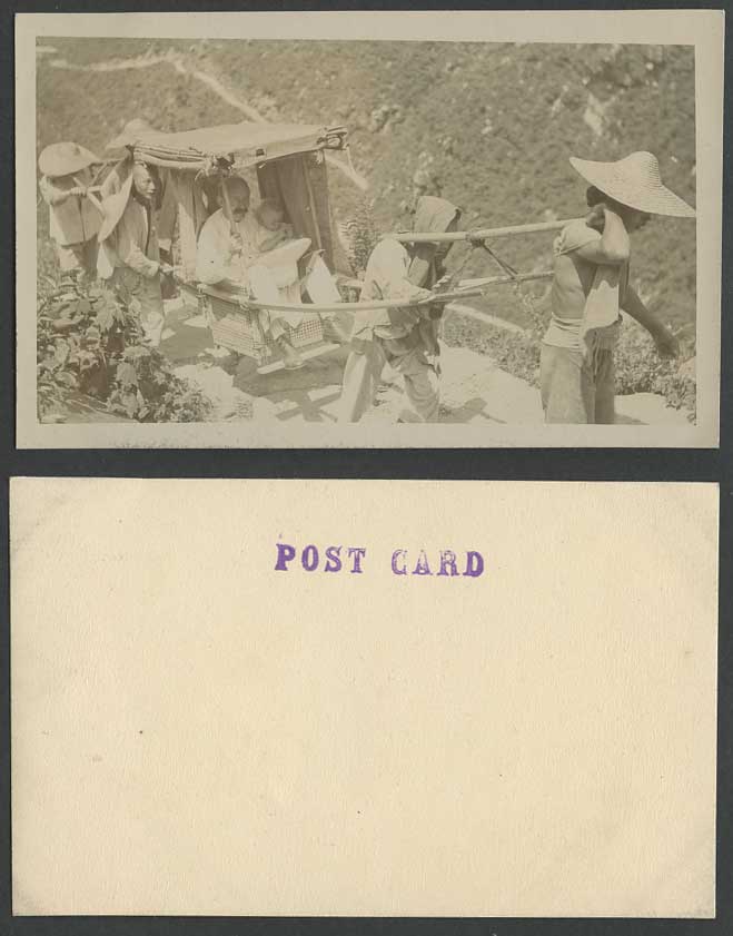 China Old Real Photo Postcard Chinese Coolies, Western Man & Baby on Sedan Chair
