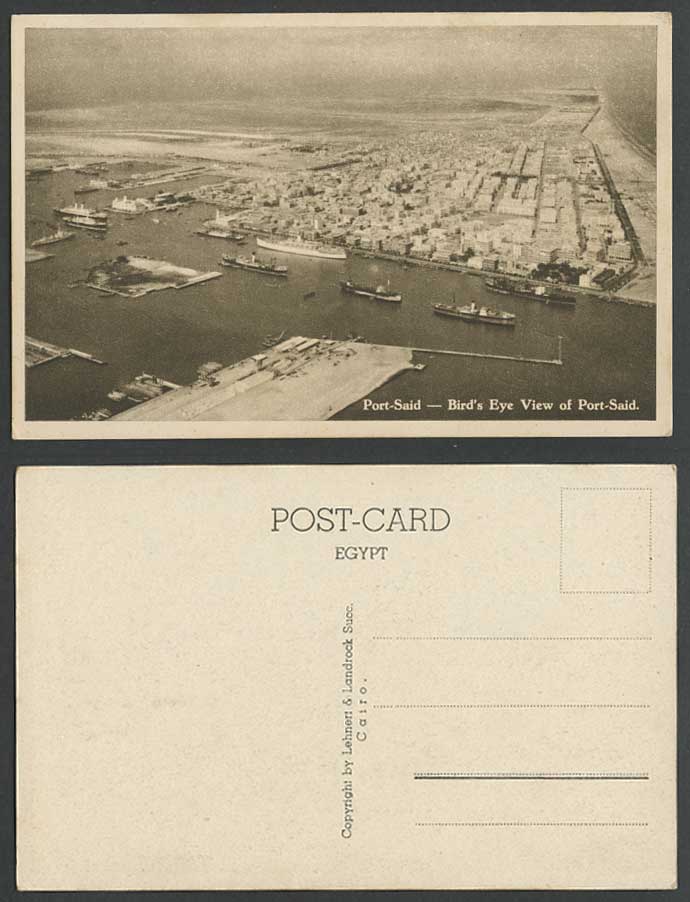 Egypt Old Postcard Port Said Bird's Eye Aerial General View Panorama Steam Ships