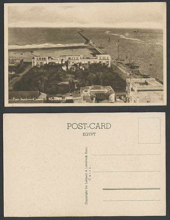 Egypt Old Postcard Port Said Casino and Breakwater, Statue Panorama General View