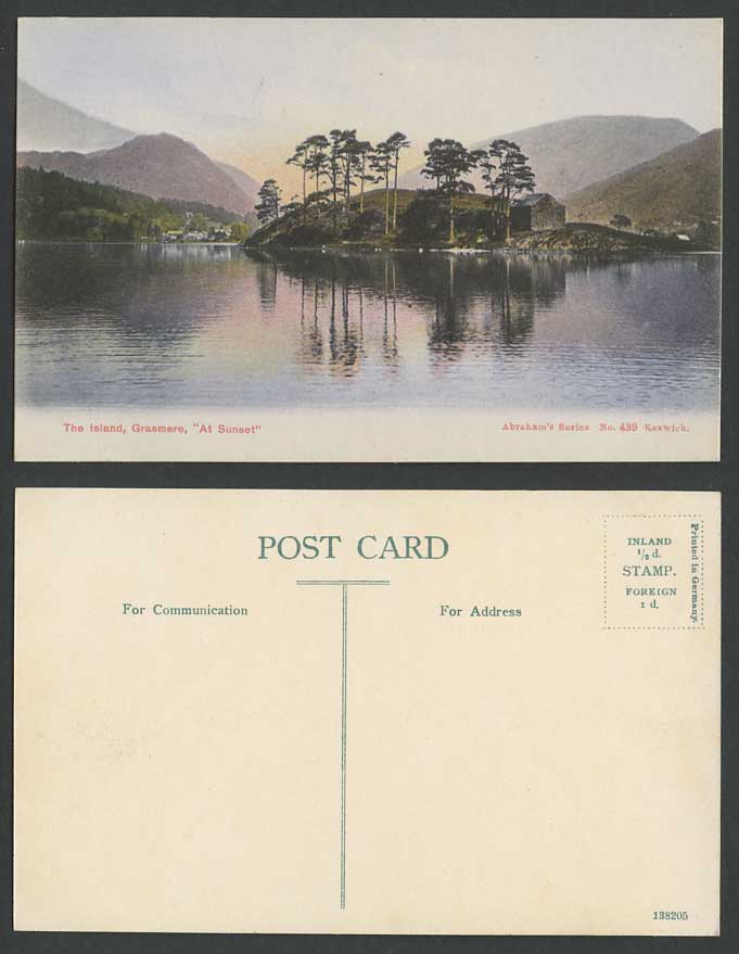 The Island Grasmere At Sunset Lake Hills Mountains Panorama Cumbria Old Postcard