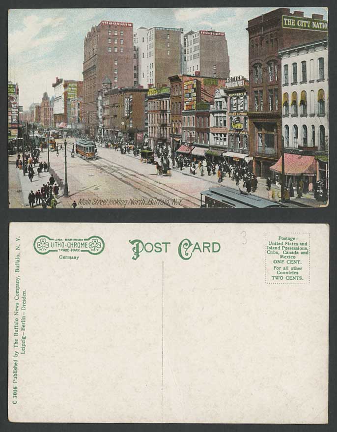 USA Old Postcard New York Buffalo Main Street Scene Looking North TRAM Museum NY