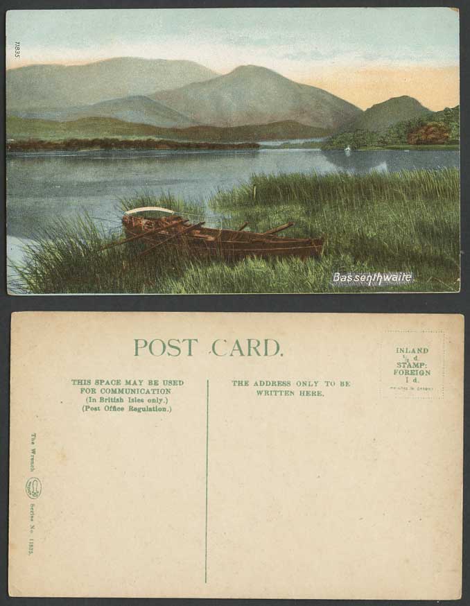 Bassenthwaite Lake Boat Mountains Hills English Lake District Old Color Postcard