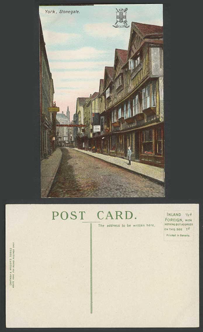 York Stonegate Street Scene Boudy's Star Inn Coat of Arms Old Color Postcard