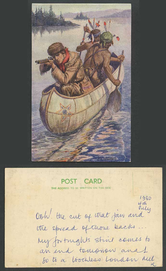 X Walton Artist Signed American Red Indian Rowing Canoe Boat Hunter Gun Postcard
