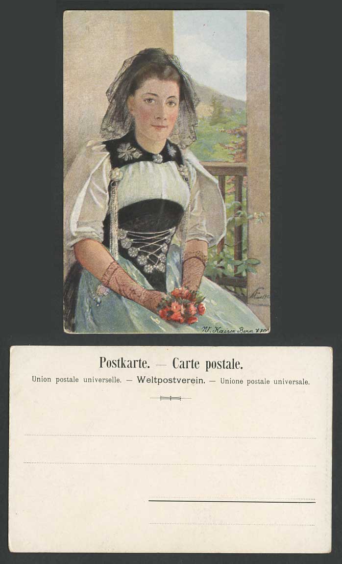 W. Kaiser Bern WE 1901 Artist Signed Old Postcard Swiss Lady Woman Costumes Lace
