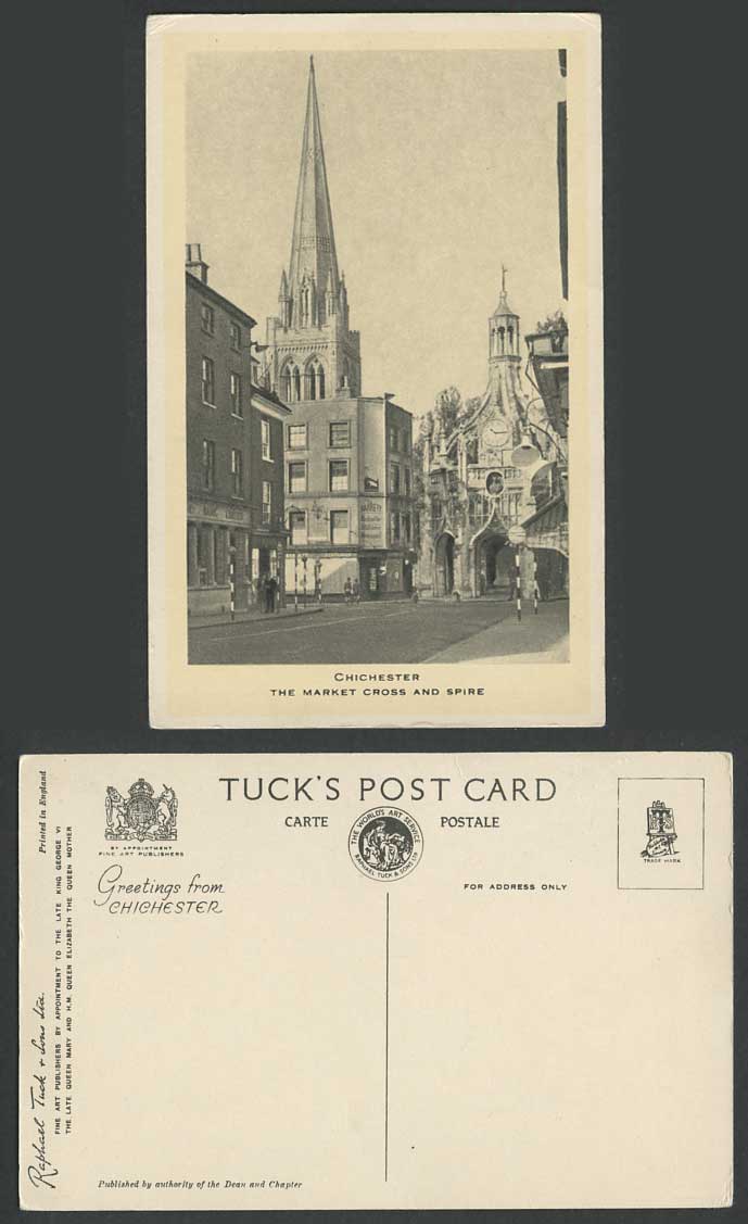 Chichester The Market Cross and Spire, Street Scene Clock Cathedral Old Postcard