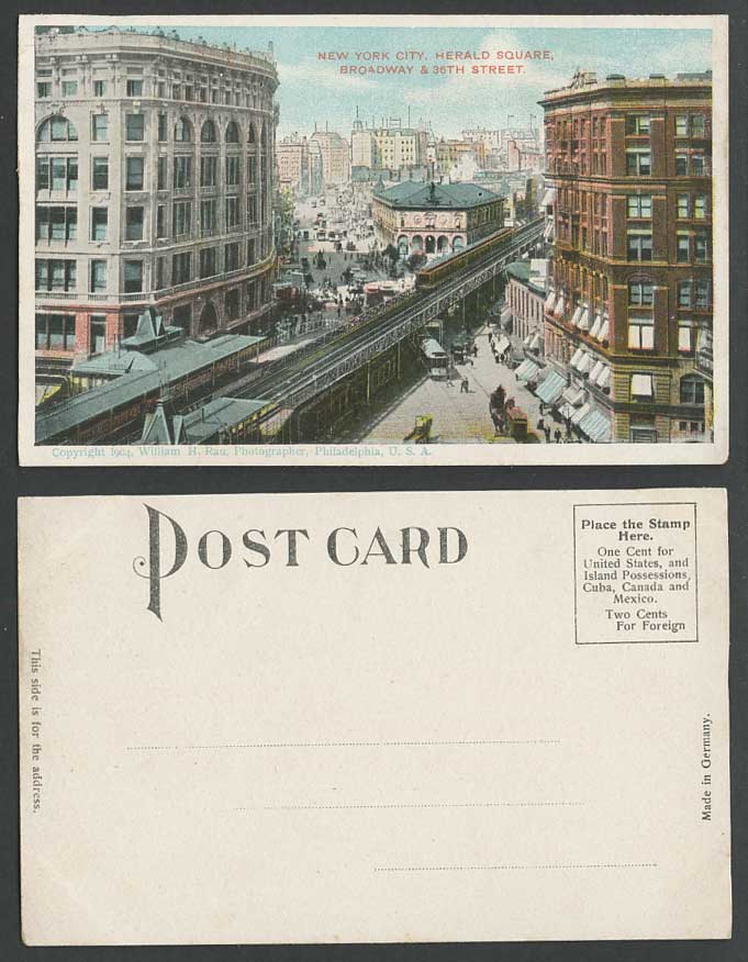 USA Old Postcard New York Herald Square Broadway 36th Street Train Bridge Street