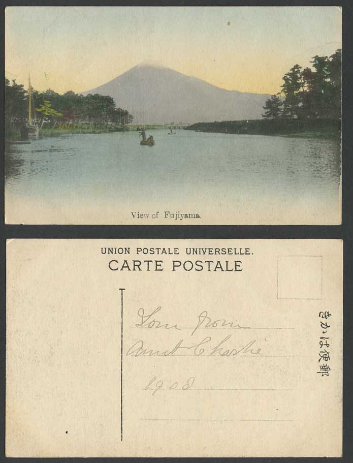 Japan 1908 Old Hand Tinted Postcard View of Fujiyama Mt. Fuji Boats Bridge River