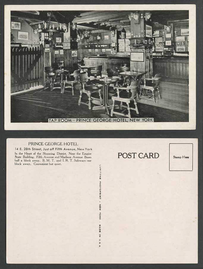 USA Old Postcard New York Tap Room Prince George Hotel 14 E 28th Street 5th Ave.
