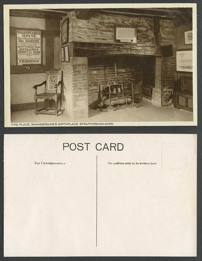 Stratford-on-Avon Shakespeare's Birthplace Hse Fire Place Fireplace Old Postcard