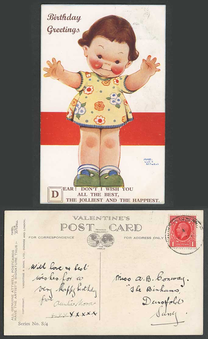 MABEL LUCIE ATTWELL Old Postcard Birthday Greetings Wish U Jolliest Happiest S/4