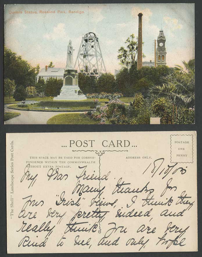 Australia BENDIGO 1900 Old Postcard Queens Statue Rosalind Park Clock Tower Gdns