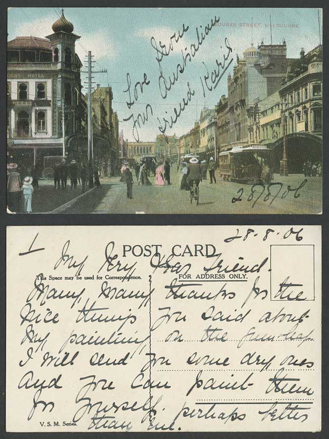 Australia Melbourne 1906 Old Postcard Bourke Street Scene, Hotel, TRAM & Cyclist