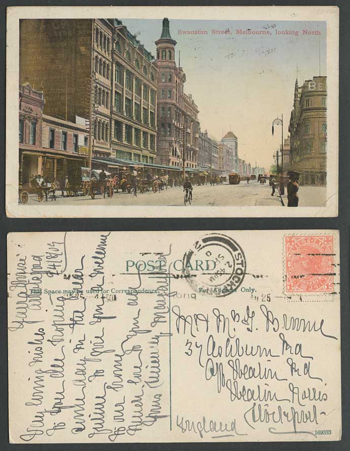 Australia QV 1d. 1909 Old Postcard Swanston Street Scene Melbourne TRAM Cyclists